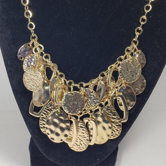 Polished Gold tone Layered Textured, Hammered Discs Hoops Charms Necklace - Picture 3 of 8